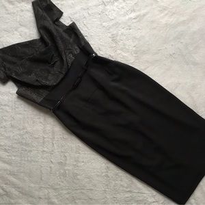 Black Halo Jackie O Belted Sheath Dress Solid Black Shimmer Jacquard Floral Sz 6